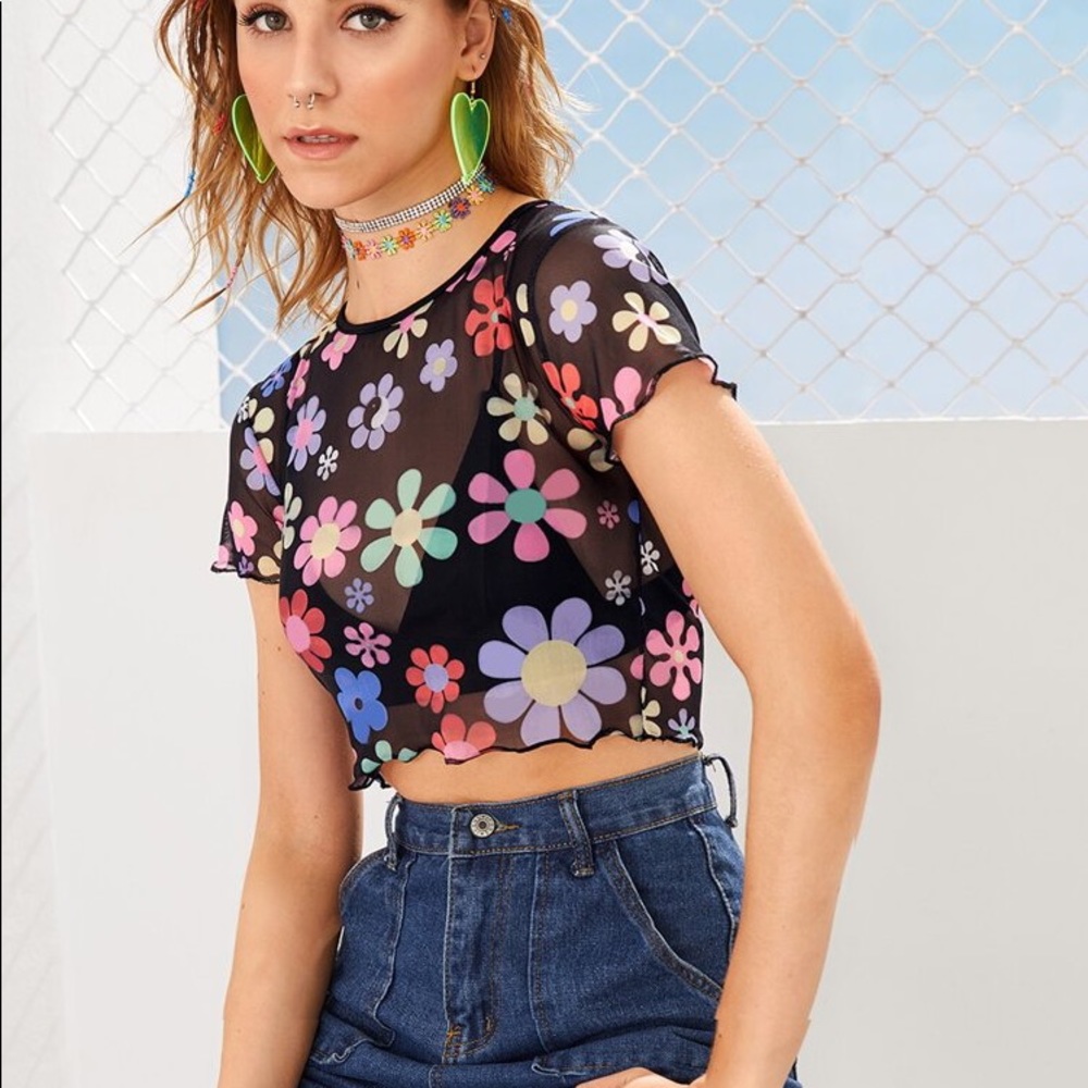 NEW Sheer Mesh Floral Print Lettuce-Edge Tee